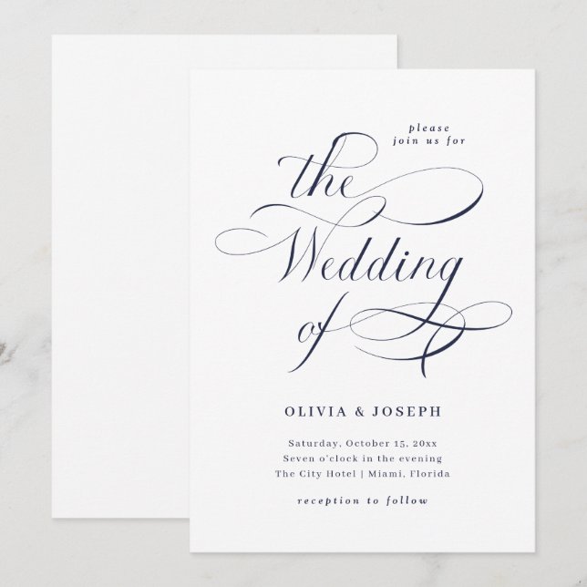 Invitation Élégante calligraphie| Mariage bleu marine (Devant / Derrière)