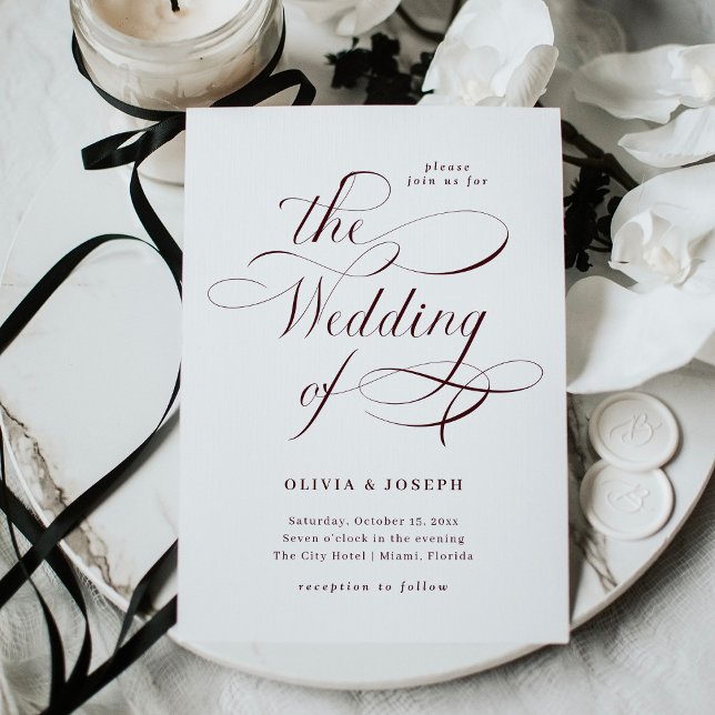 Invitation Élégante calligraphie | Mariage Bourgogne (An elegant wedding invitation with dark burgundy calligraphy)
