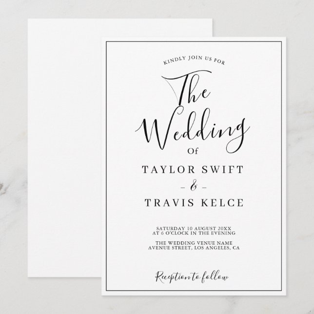 Invitation Élégante calligraphie mariage noir et blanc  (Devant / Derrière)