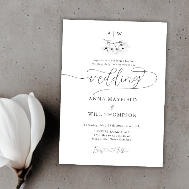 Invitation Élégante calligraphie moderne Magnolia Crest Maria (Classic Magnolia Wedding Crest Black White Elegant Invitation)