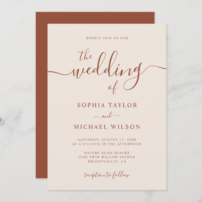 Invitation Élégante calligraphie moderne Mariage en terre cui (Devant / Derrière)