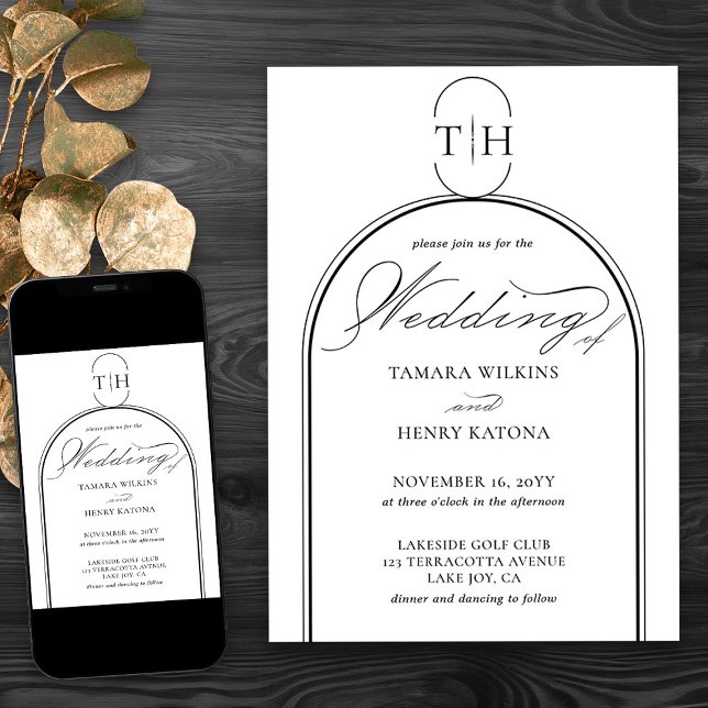 Invitation Élégante calligraphie Monogramme Mariage blanc (Elegant monogrammed wedding invitation in black and white from my Wedding Colors Collection)