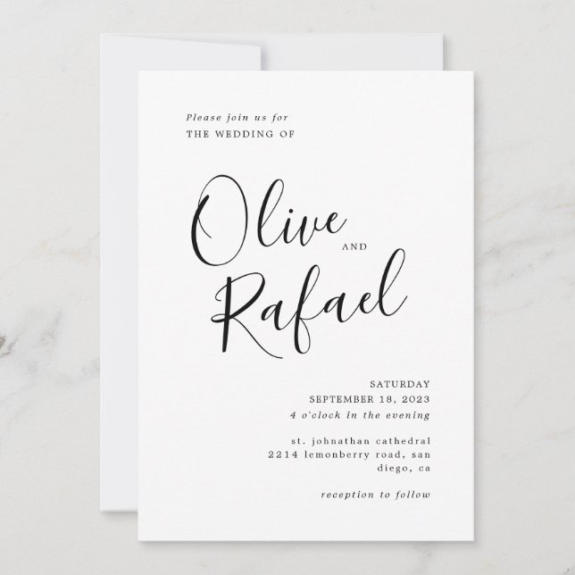 Invitation Élégante calligraphie noire Mariage simple (Devant)