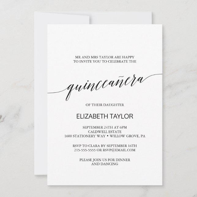 Invitation Élégante calligraphie noire Quinceañera (Devant)