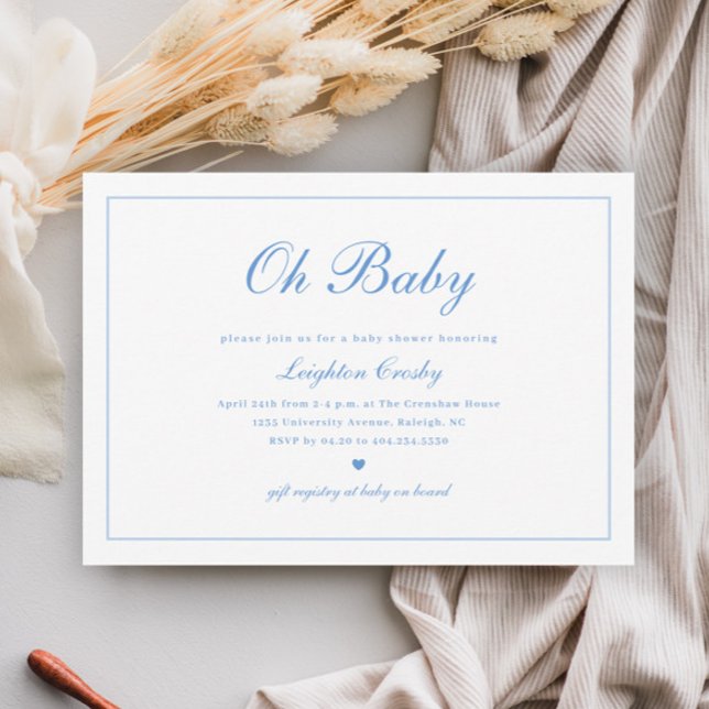 Invitation Élégante calligraphie Oh Baby Boys Baby shower (Elegant Calligraphy Minimal Boys Oh Baby Baby Shower Invitation.)