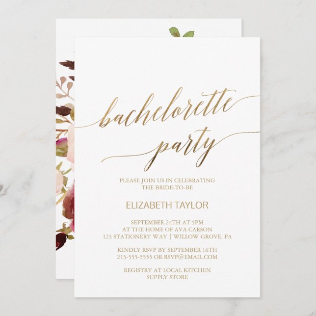 Invitation Élégante calligraphie Or | Bachelorette florale (Devant / Derrière)
