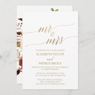 Invitation Élégante calligraphie Or Floral Mr & Mrs Mariage
