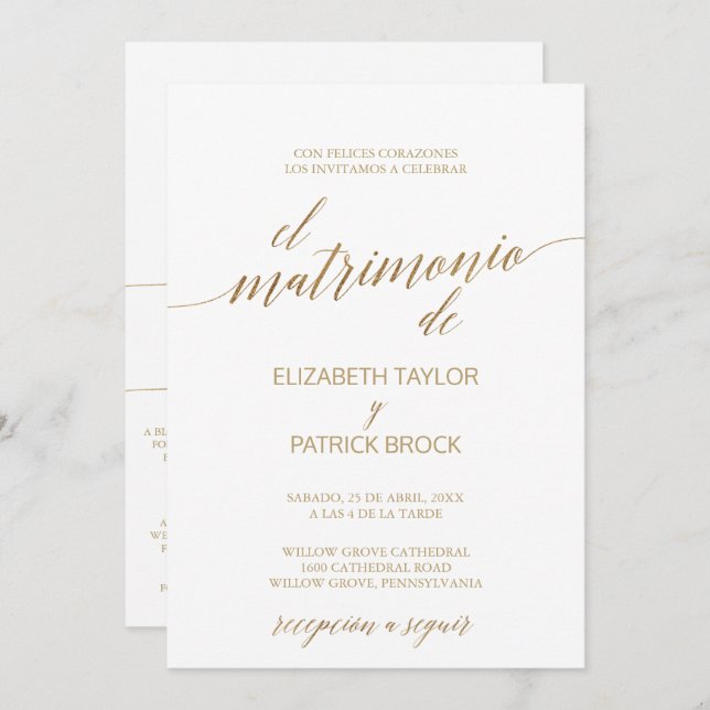 Invitation Élégante calligraphie Or | Mariage Détails espagno (Devant / Derrière)