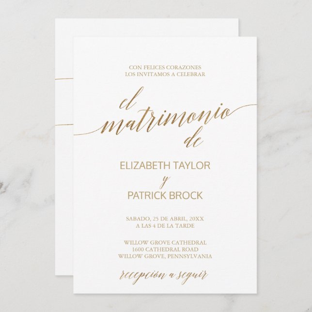 Invitation Élégante calligraphie Or | Mariage Détails espagno (Devant / Derrière)