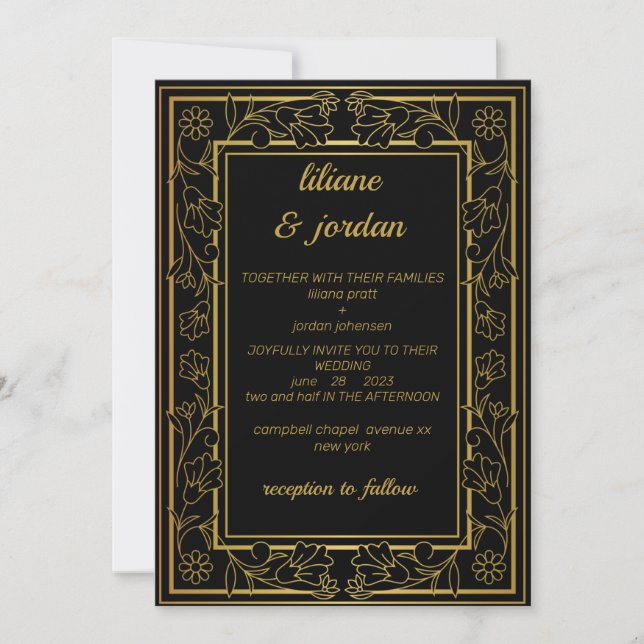 Invitation élégante calligraphie or Mariage noir (Devant)
