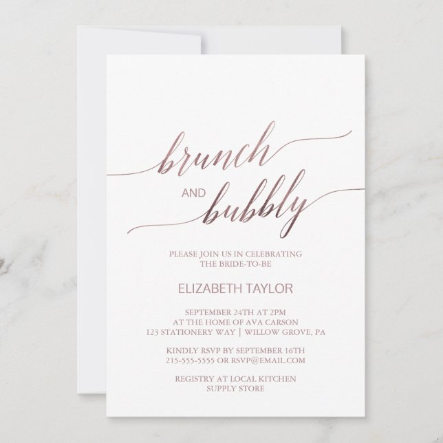 Invitation Élégante calligraphie or Rose Brunch & Bubbly (Devant)