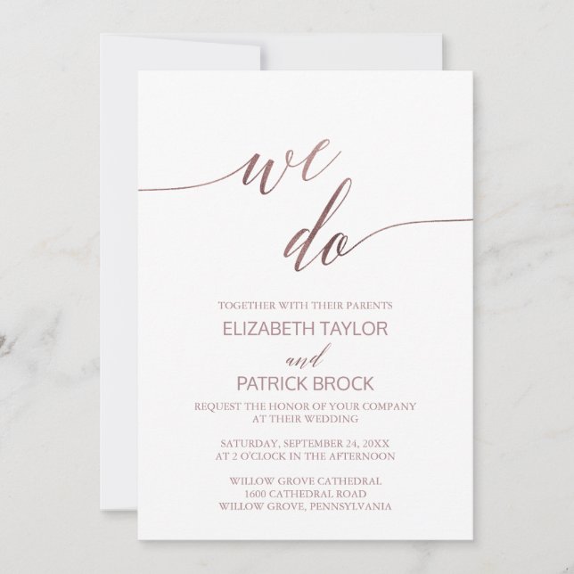 Invitation Élégante calligraphie or Rose Nous faisons Mariage (Devant)