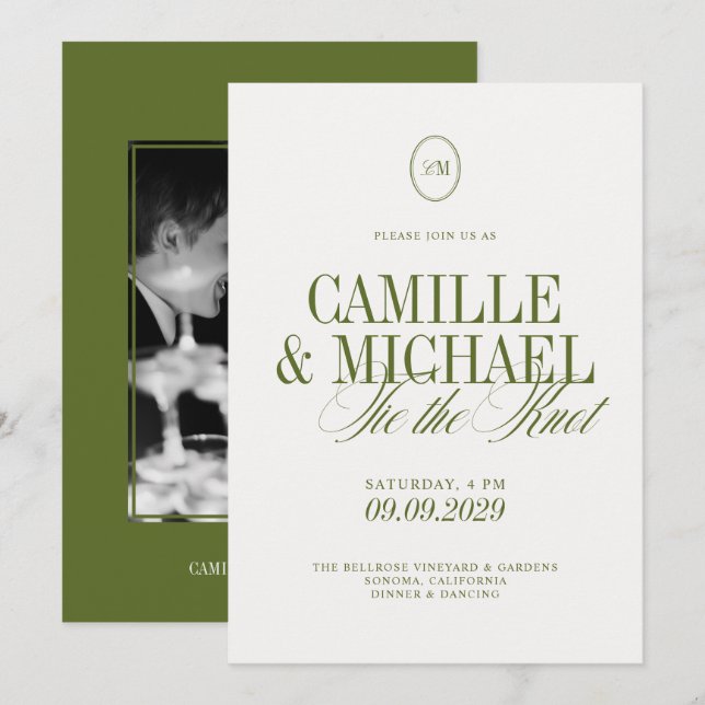 Invitation Élégante Calligraphie Photo de Mariage Vert Olive (Devant / Derrière)