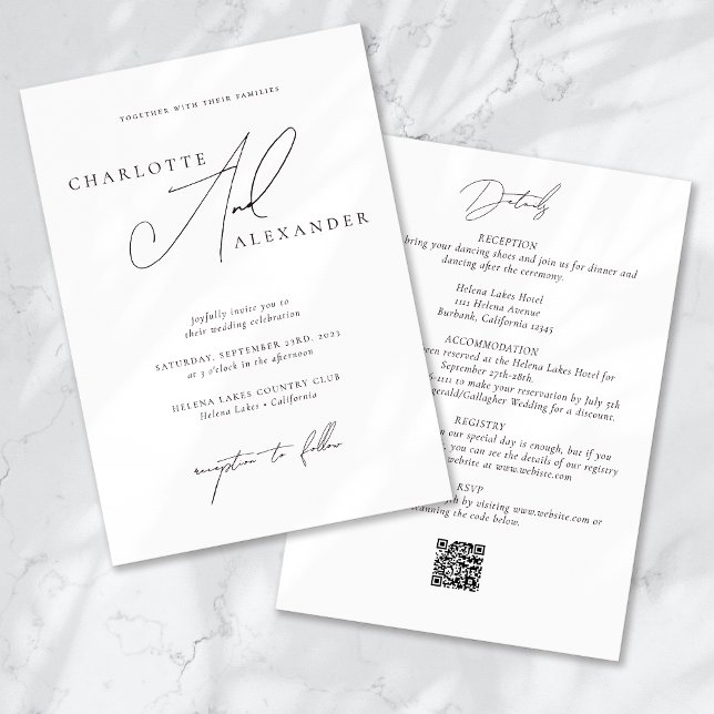 Invitation Élégante calligraphie QR Code Tout en un Mariage (Créateur téléchargé)