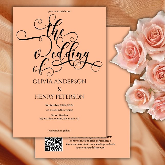 Invitation Élégante calligraphie romantique code QR mariage p (Créateur téléchargé)