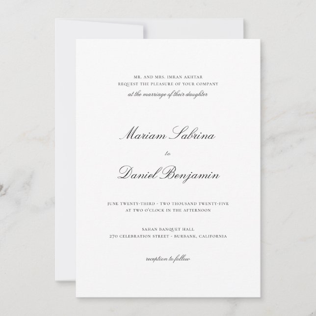 Invitation Élégante Calligraphie Simple Blanche pour Mariage (Devant)