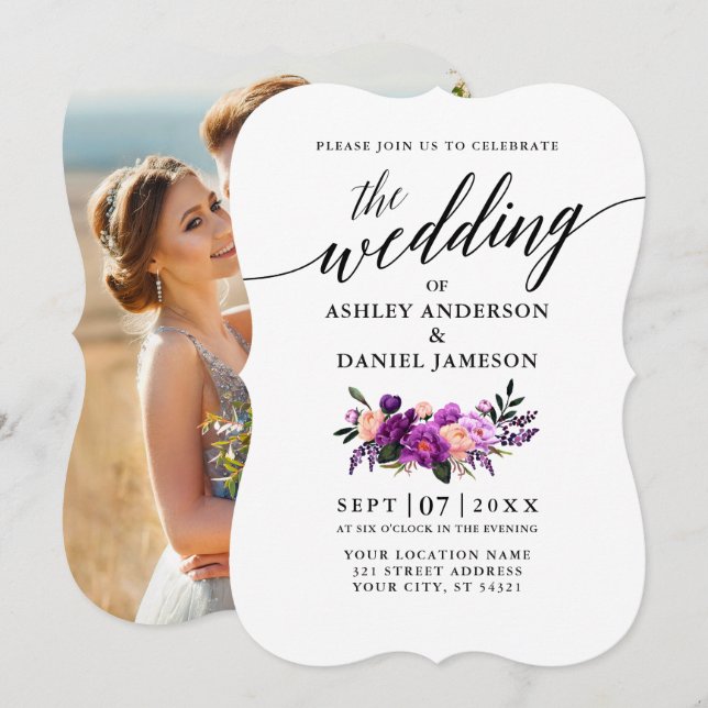 Invitation Élégante calligraphie violet Floral Mariage photo (Devant / Derrière)
