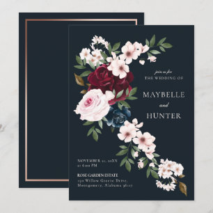 Invitation Elégante cascade florale de la marine bordeaux