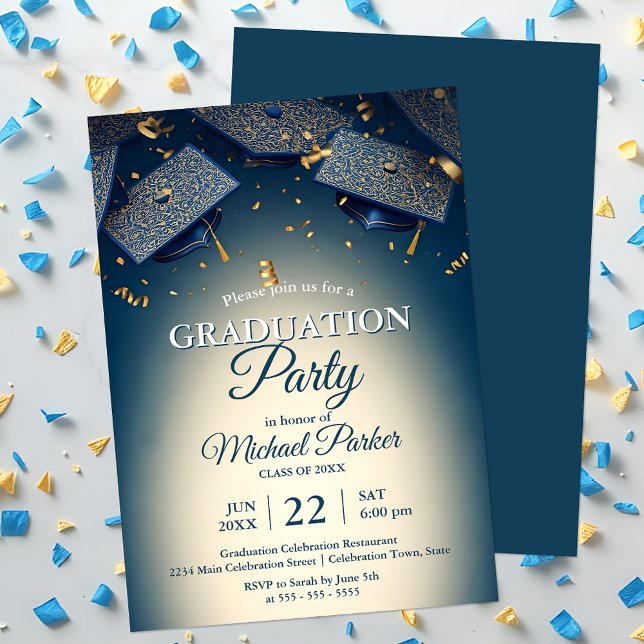Invitation Élégante Casquette Bleue avec Confetti Or (Créateur téléchargé)