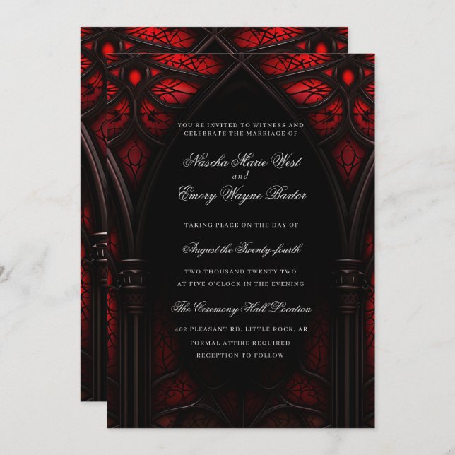 Invitation Elégante cathédrale rouge et noire Mariage gothiqu (Devant / Derrière)