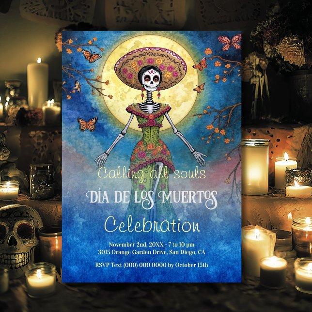 Invitation Elégante Catrina Día de Muertos Lune (Elegant Catrina under the moon — watercolor Día de los Muertos celebration invitation.)