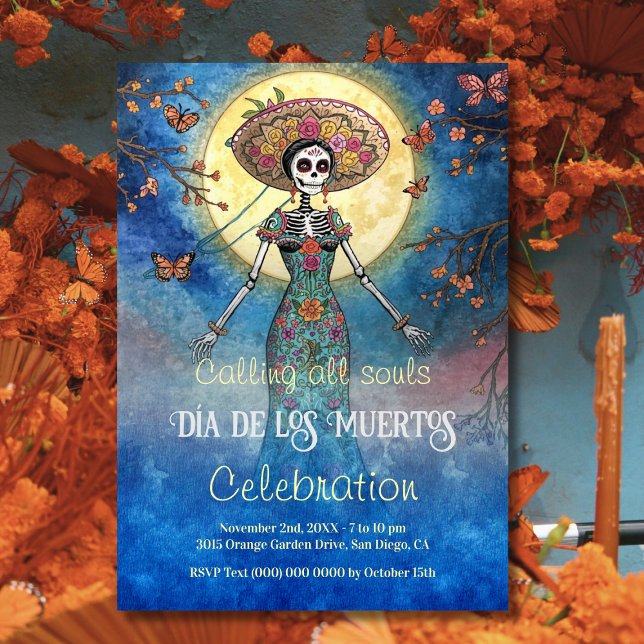Invitation Elégante Catrina Día de Muertos Lune (Moonlit teal Catrina invitation with folk floral details and glowing Día de Muertos hues.)