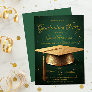 Invitation Élégante Célébration de la graduation verte et or