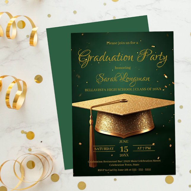 Invitation Élégante Célébration de la graduation verte et or (Créateur téléchargé)
