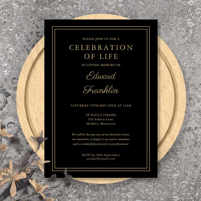 Invitation Élégante Célébration Noire Et Or De La Vie Funérai (Elegant Black And Gold Celebration Of Life Funeral Invitation)