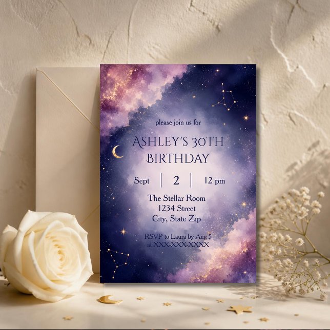 Invitation élégante céleste pour 30 ans (Elegant lavender galaxy invitation personalized for a stylish 30th birthday celebration.)