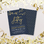 Invitation Elégante chaîne bleue moderne de lumières 50e anni<br><div class="desc">Elégante invitation de la fête du 50e anniversaire avec des cordes de lumières et le mot "Cinquante" en faux or contre un arrière - plan bleu foncé. La carte comprend un motif correspondant à l'arrière. Consultez d'autres éléments correspondants ici https://www.zazzle.com/collections/strings_of_lights_faux_gold_celebration_collection-119311942951401241?rf=238364477188679314 Personnalisez-le en remplaçant le texte de l'espace réservé pour ajouter...</div>