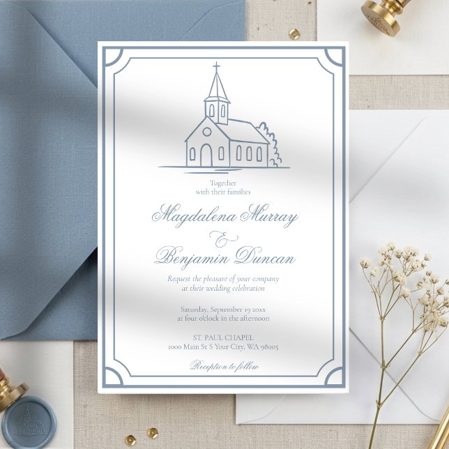 Invitation Élégante chapelle chrétienne poussiéreuse bleu mar (Créateur téléchargé)