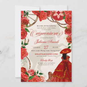 Invitation Elégante Charro Roses Rouges Mariachi Quinceañera