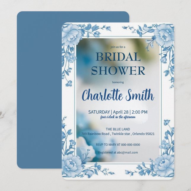 Invitation Élégante chaudière à fleurs bleues douche nuptiale (Devant / Derrière)