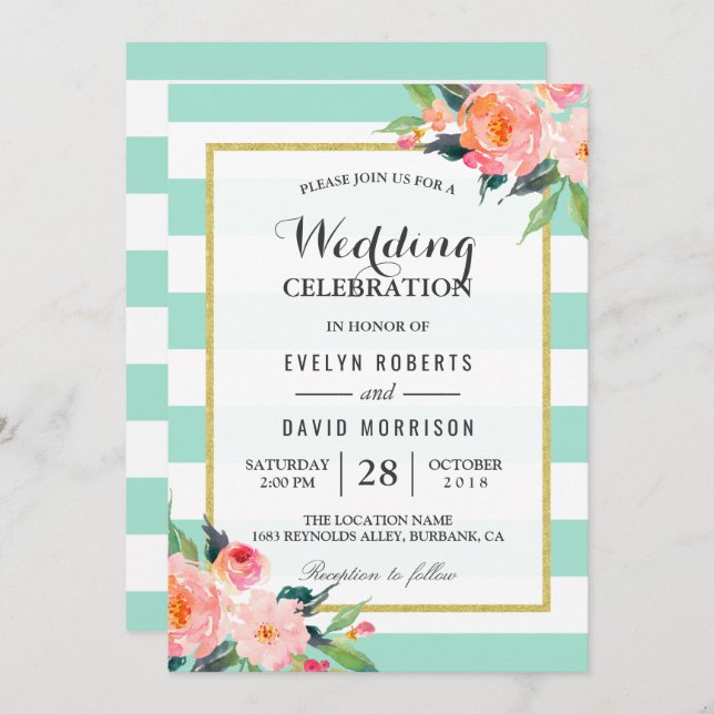 Invitation Elégante Chic Floral Mint Green Mariage Célébratio (Devant / Derrière)