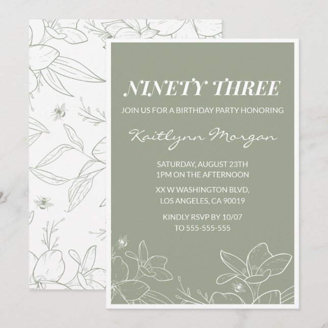 Invitation élégante chic verte florale pour 93e an (Devant / Derrière)