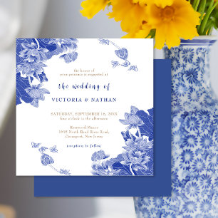 Invitation Élégante Chinoiserie bleue Floral Carré Mariage