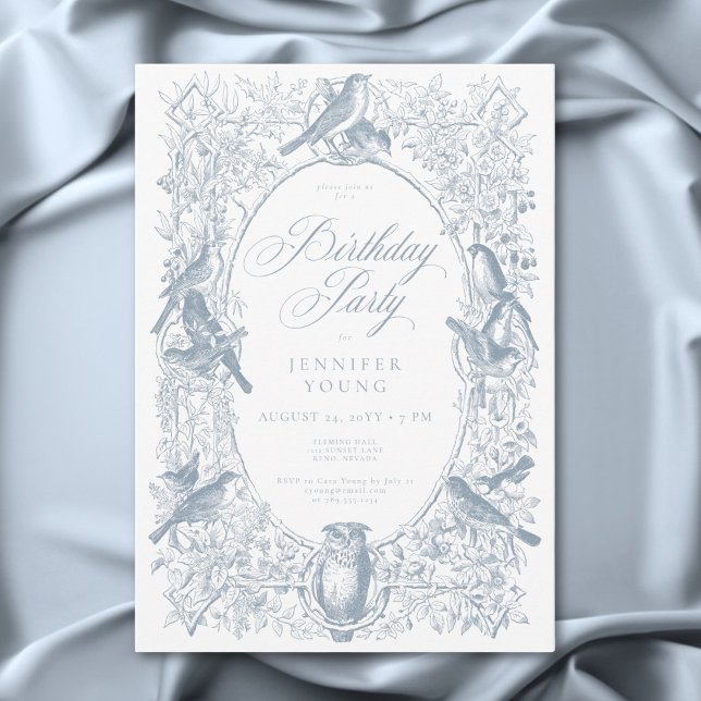 Invitation Elégante Chinoiserie Bleue Nature & Oiseaux Annive (Elegant Blue Chinoiserie Nature & Birds Birthday Invitation)