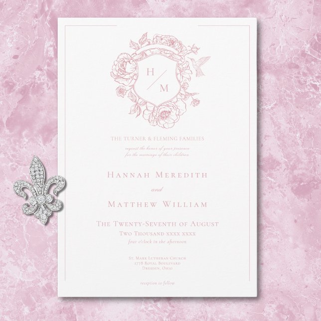Invitation Élégante Chinoiserie rose Mariage d'oiseaux et de  (Elegant Pink Chinoiserie Bird & Crest Wedding Invitation)