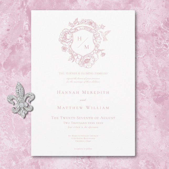 Invitation Élégante Chinoiserie rose Mariage d'oiseaux et de  (Elegant Pink Chinoiserie Bird & Crest Wedding Invitation)
