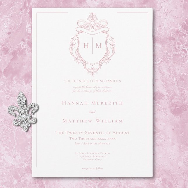 Invitation Élégante Chinoiserie rose Mariage d'oiseaux et de  (Elegant Pink Chinoiserie Bird & Crest Wedding Invitation)