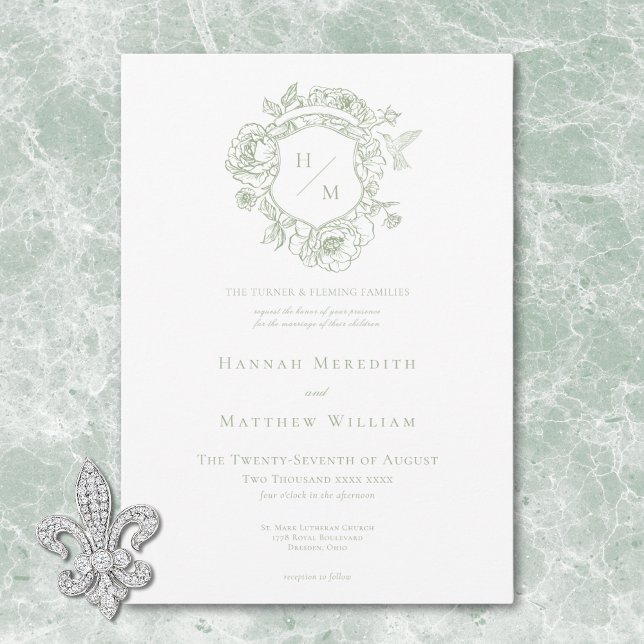 Invitation Élégante Chinoiserie verte Mariage d'oiseaux et de (Elegant Green Chinoiserie Bird & Crest Wedding Invitation)