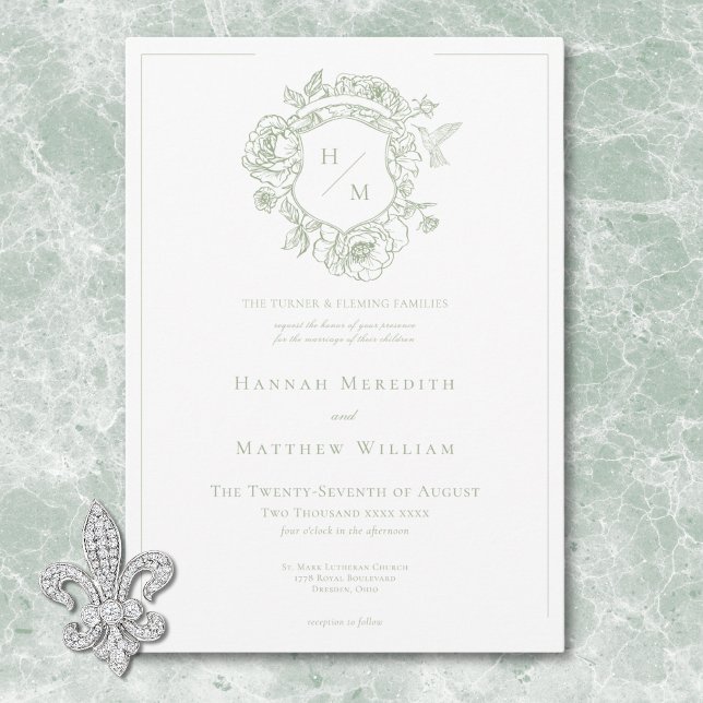Invitation Élégante Chinoiserie verte Mariage d'oiseaux et de (Elegant Green Chinoiserie Bird & Crest Wedding Invitation)