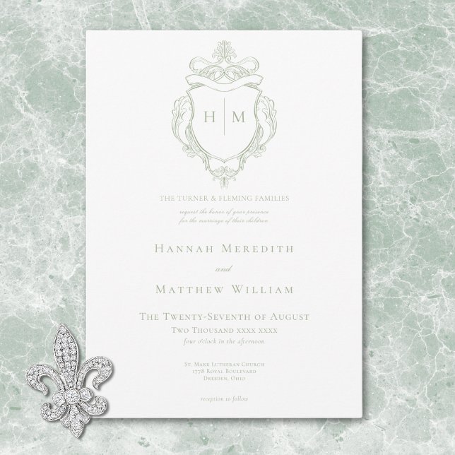 Invitation Élégante Chinoiserie verte Mariage d'oiseaux et de (Elegant Green Chinoiserie Bird & Crest Wedding Invitation)