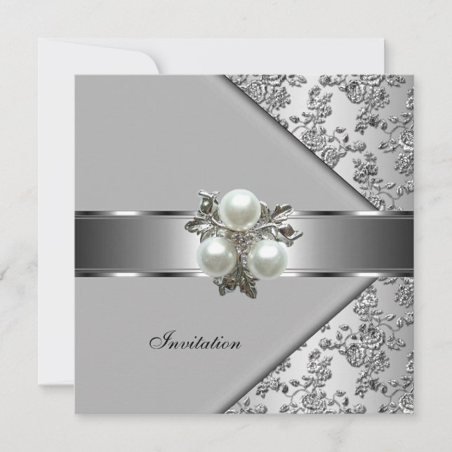 Invitation Élégante Classe Perle Bijou Argent Flor (Devant)