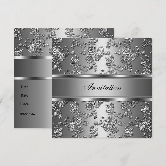 Invitation Élégante Classique Argent Motif Floral (Devant / Derrière)