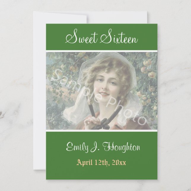 Invitation Elégante, classique vert doux 16 ans photo (Devant)