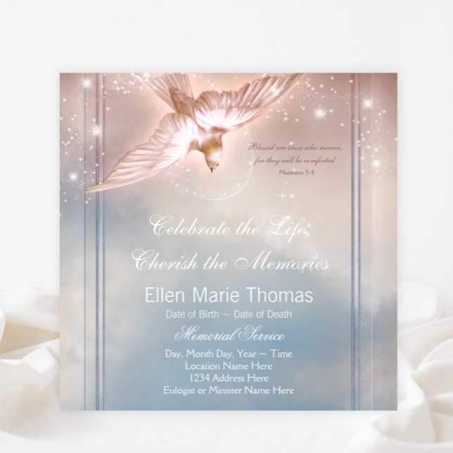 Invitation Elégante Colombe Rose Bleue En Mémoire D'Amour (Dove funeral and memorial announcement and invitation. )