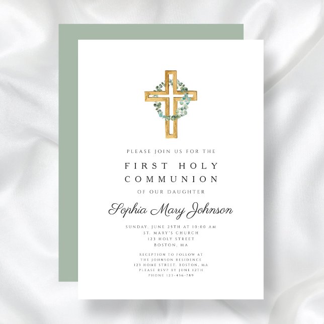 Invitation Élégante communion des Feuilles botaniques (Elegant Botanical Leaves Cross First Communion Invitation)