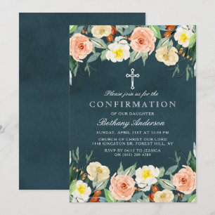 Invitation Élégante Communion Florale Ou Confirmation